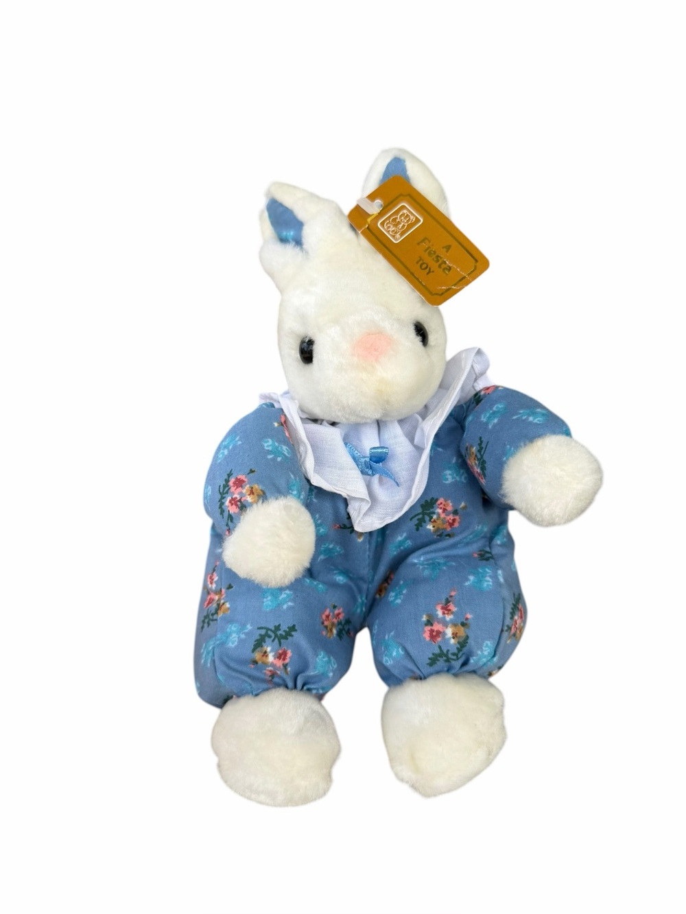 VTG Fiesta 8” Plush White Country Bunny Stuffed Animal Blue Floral Romper NOS